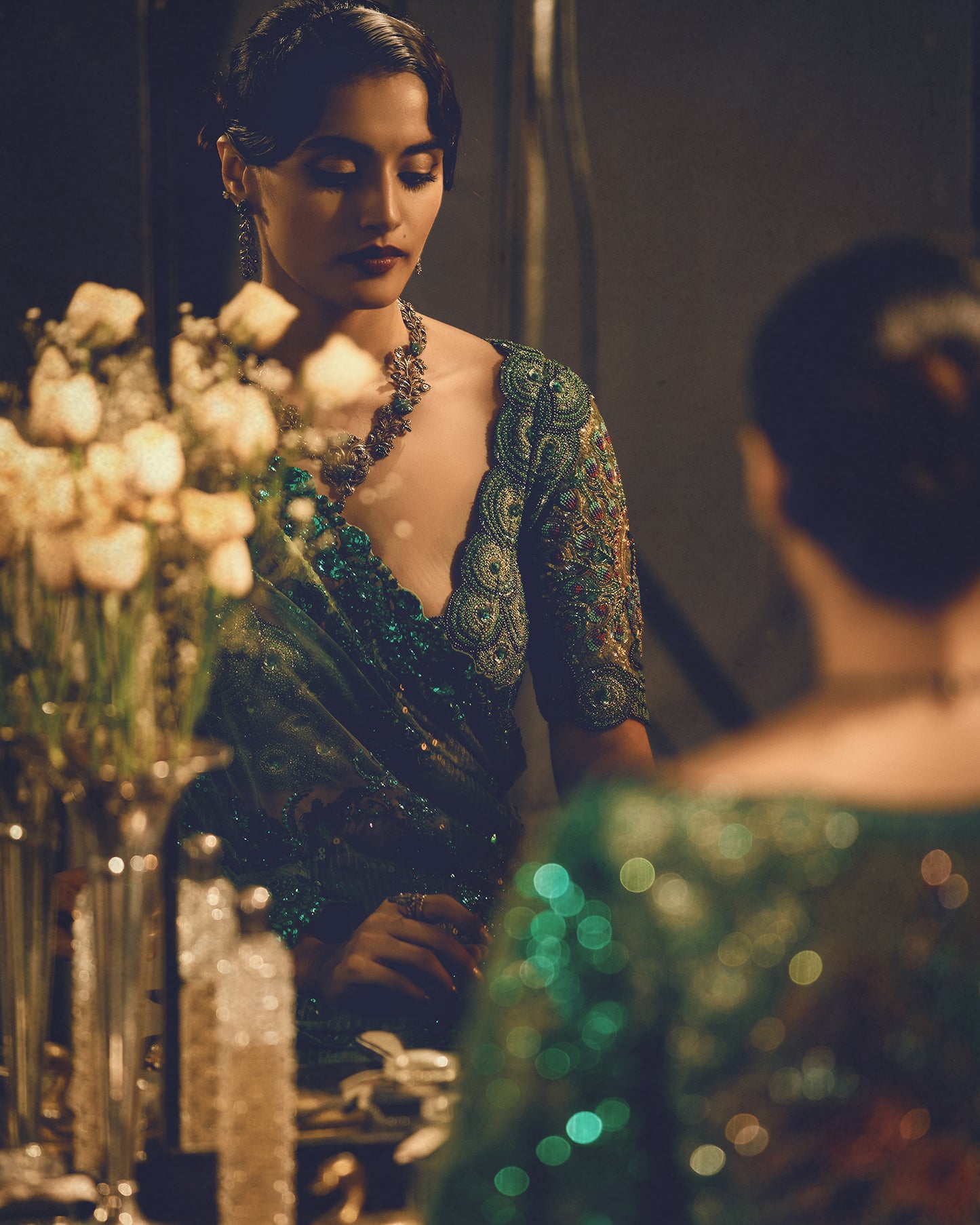 Vivid Emerald Hued Tulle Saree