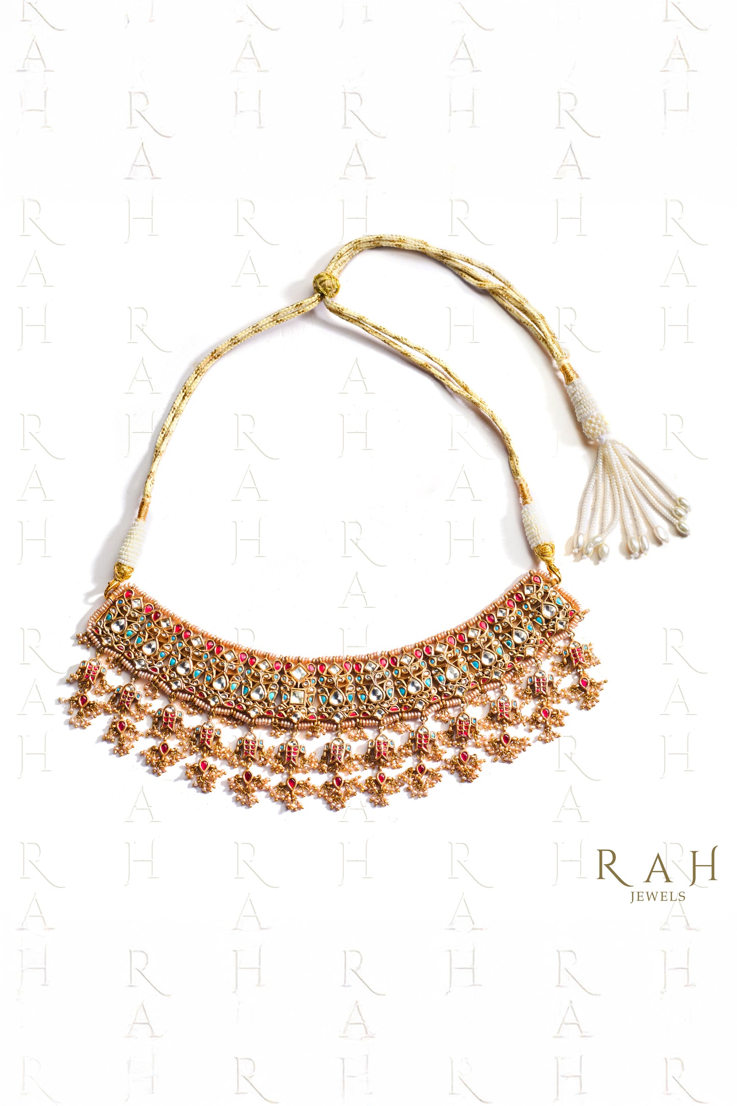 Matsya Ruby And Emerald Necklace With Pearl Drops