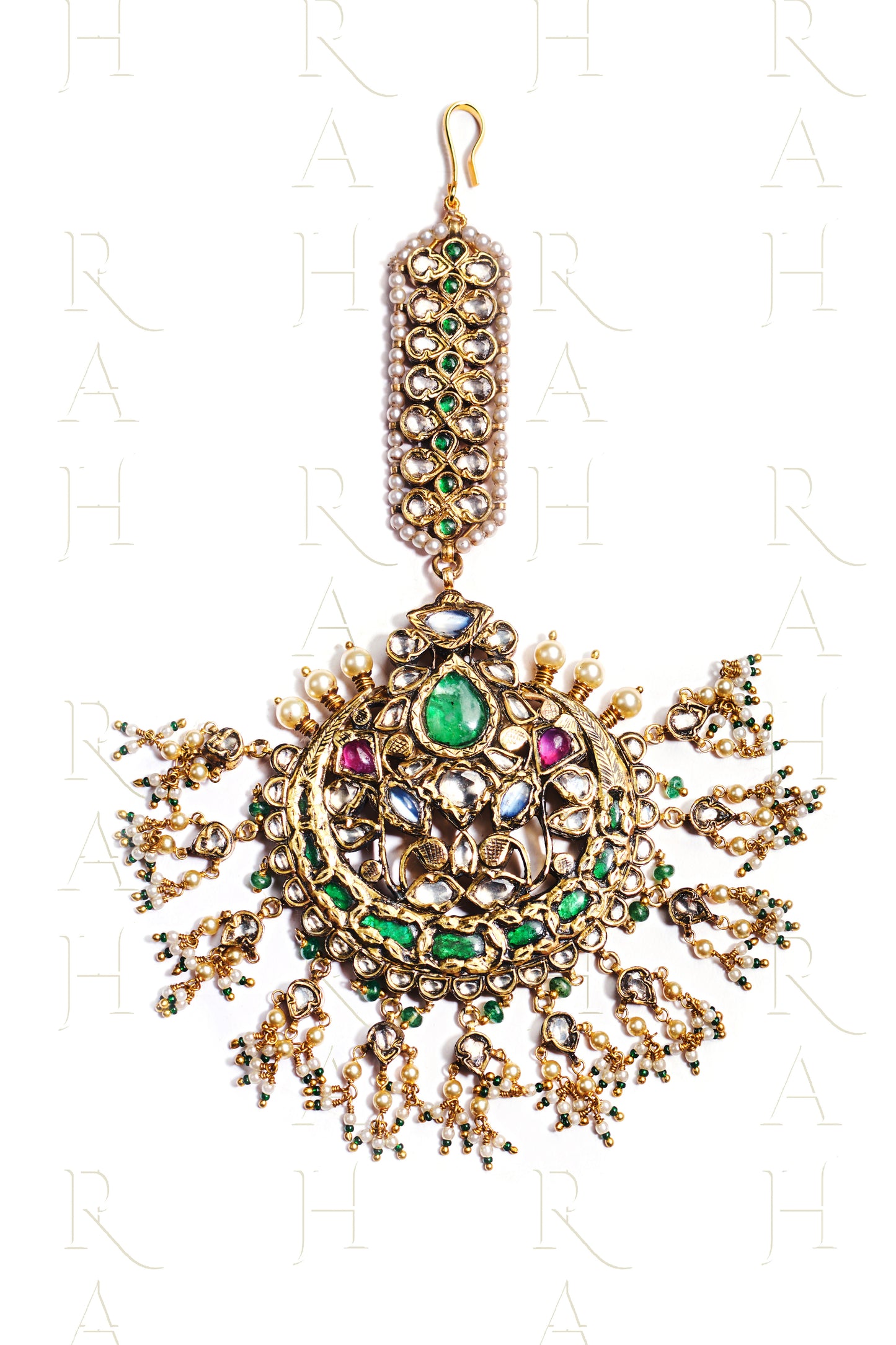 Emerald Maang Tikka With Pearl & Polki Drops