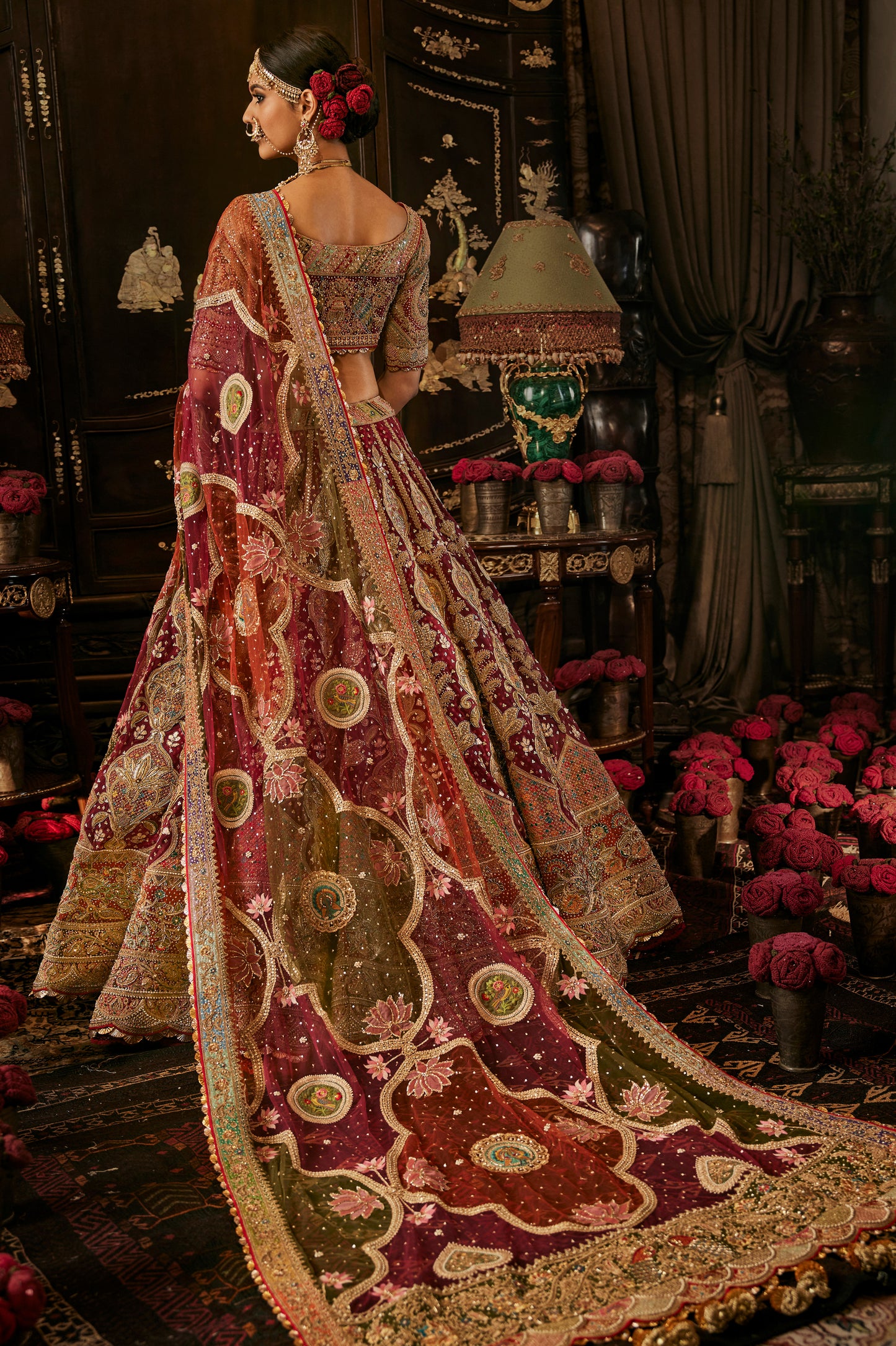 Vivid Red Miniature Art  Lehenga