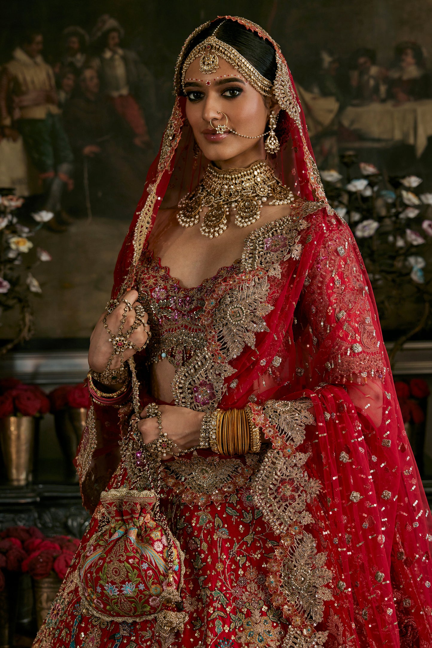 Red Tulle Cutwork Panel Lehenga