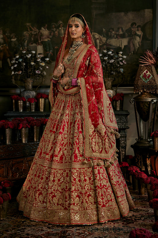 Red Mughal Inlay Work Lehenga