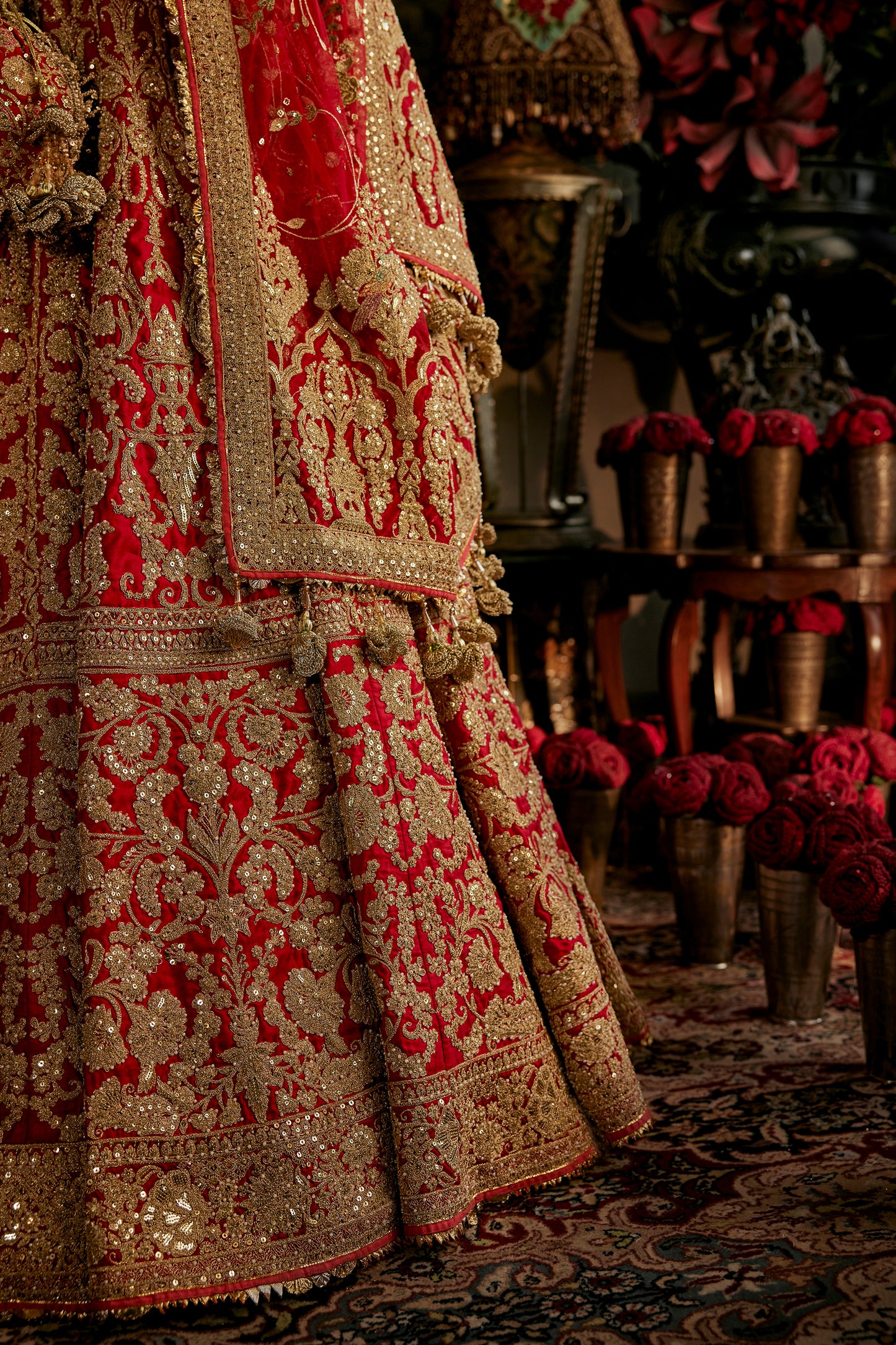 Red Mughal Inlay Lehenga