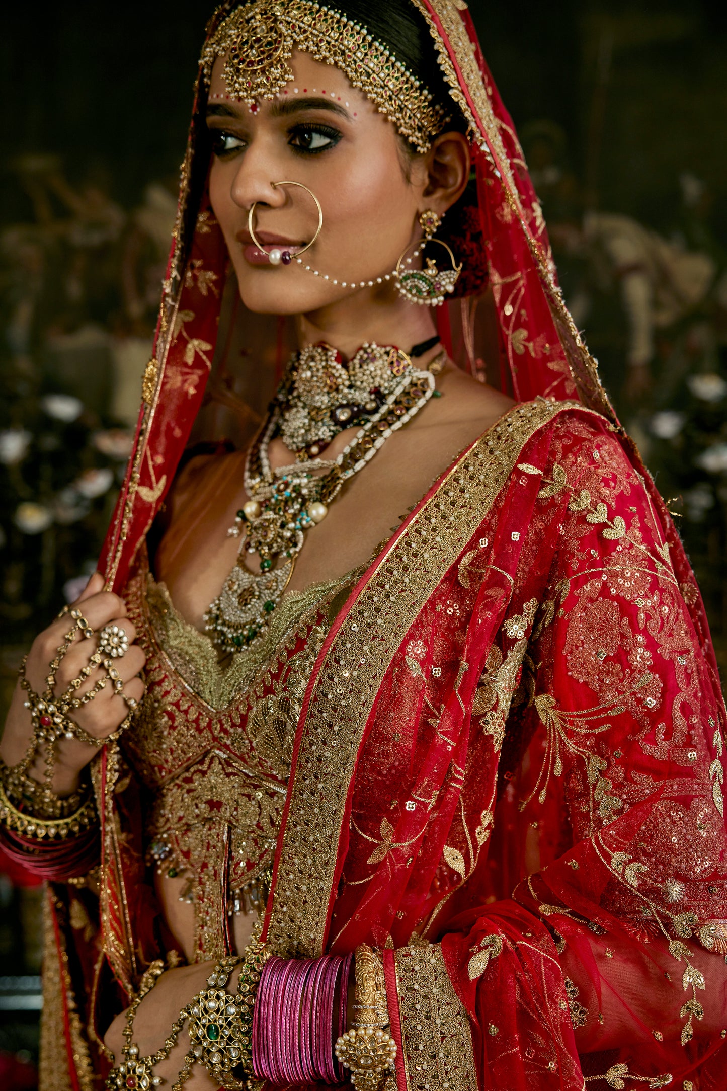 Red Mughal Inlay Lehenga