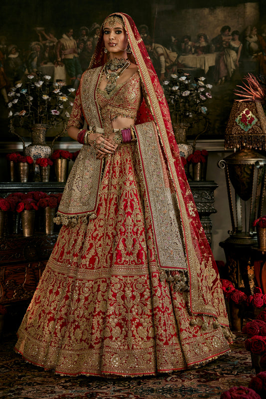 Red Mughal Inlay Work Lehenga