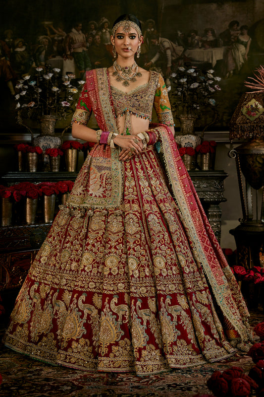 Red  Vintage Brocade Textile Lehenga