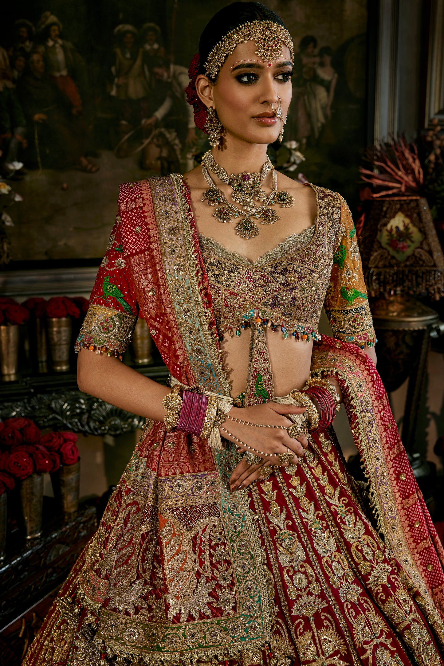 Red  Vintage Brocade Textile Lehenga