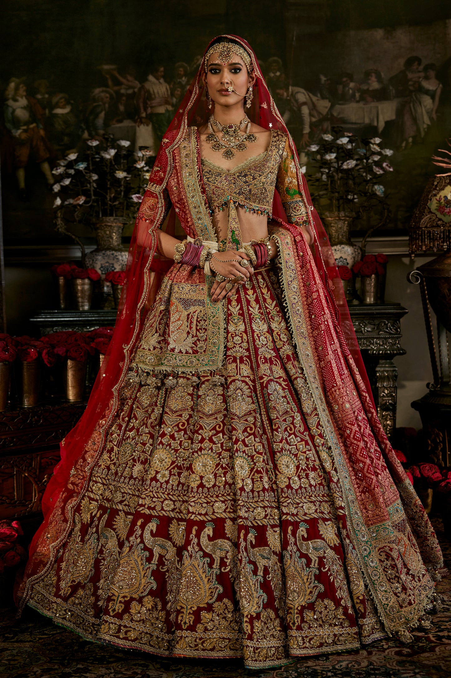 Red  Vintage Brocade Textile Lehenga