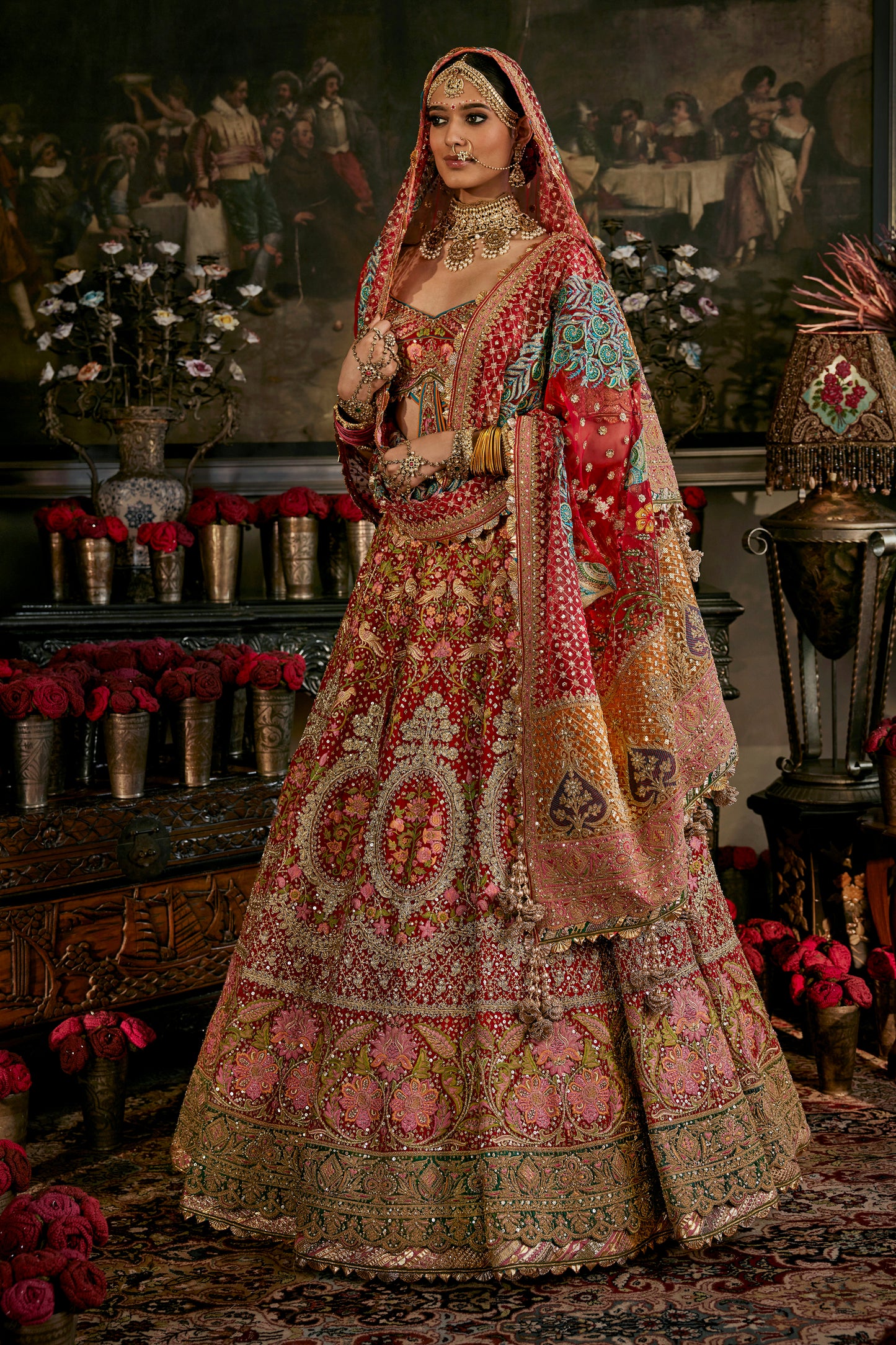 Red Ornate Gilted Frames Lehenga