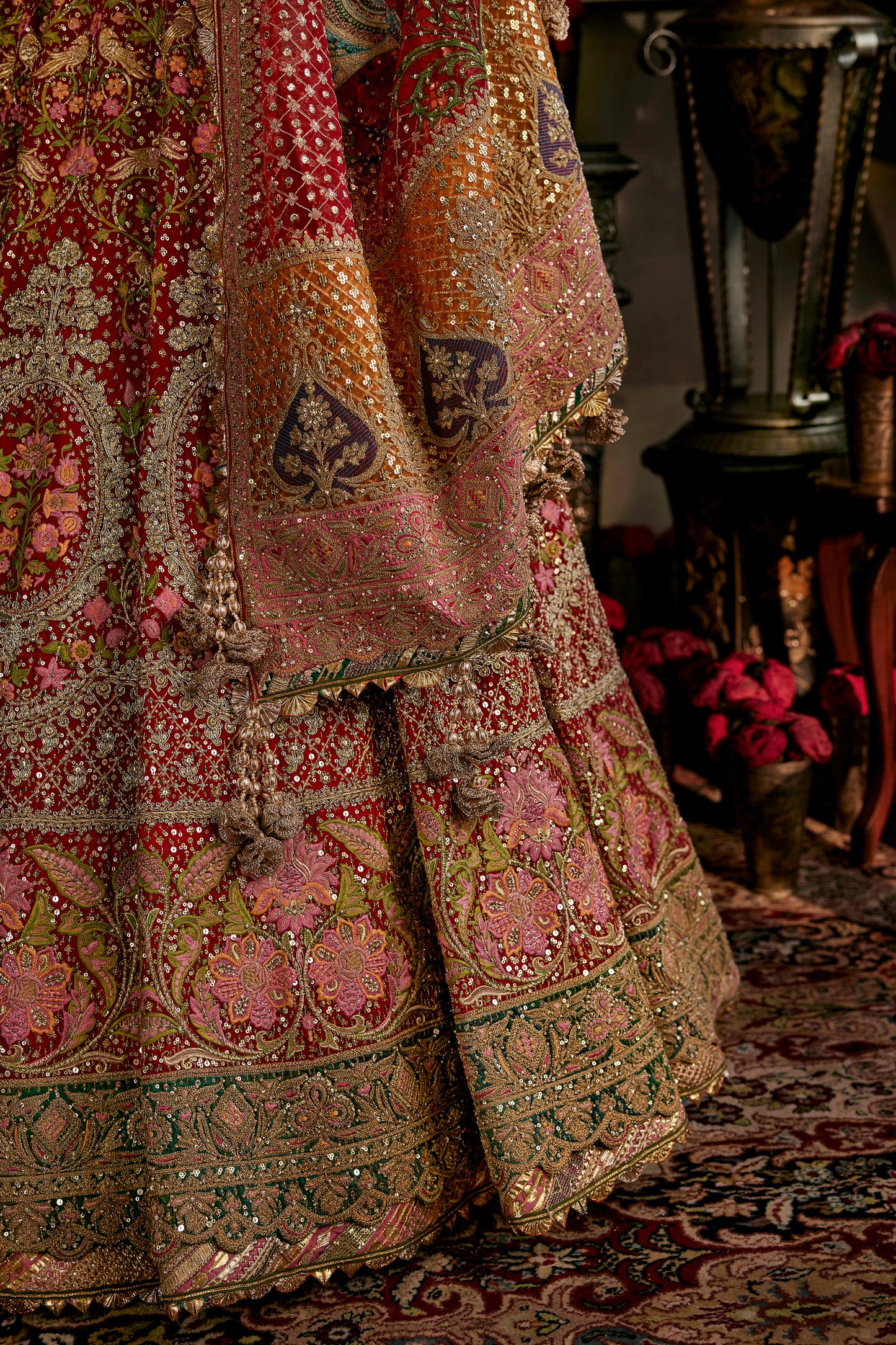 Red Ornate Gilted Frames Lehenga