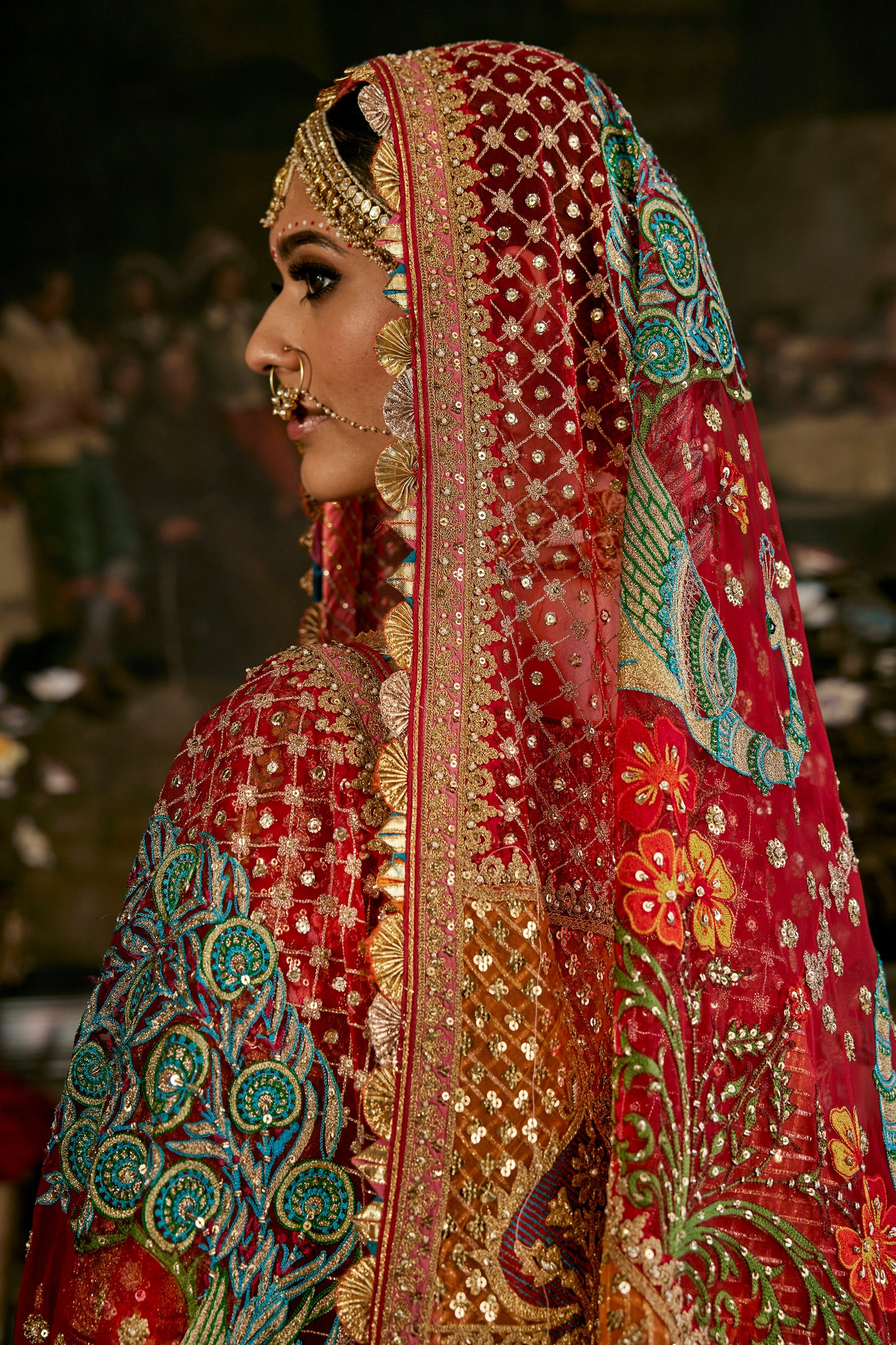 Red Ornate Gilted Frames Lehenga