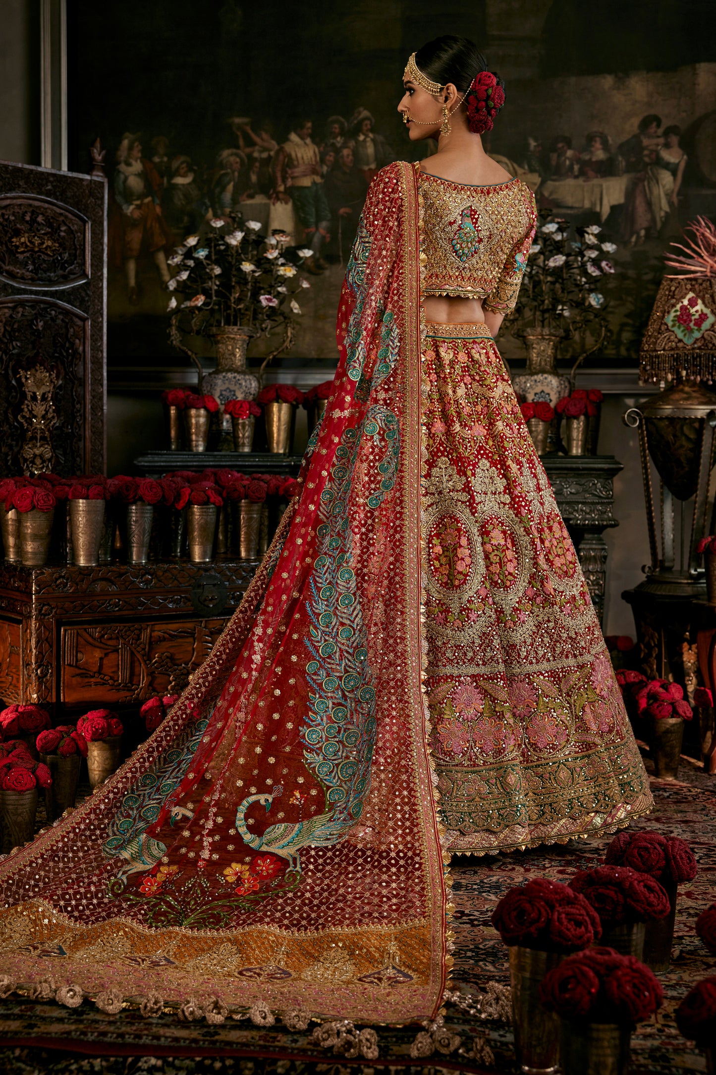 Red Ornate Gilted Frames Lehenga