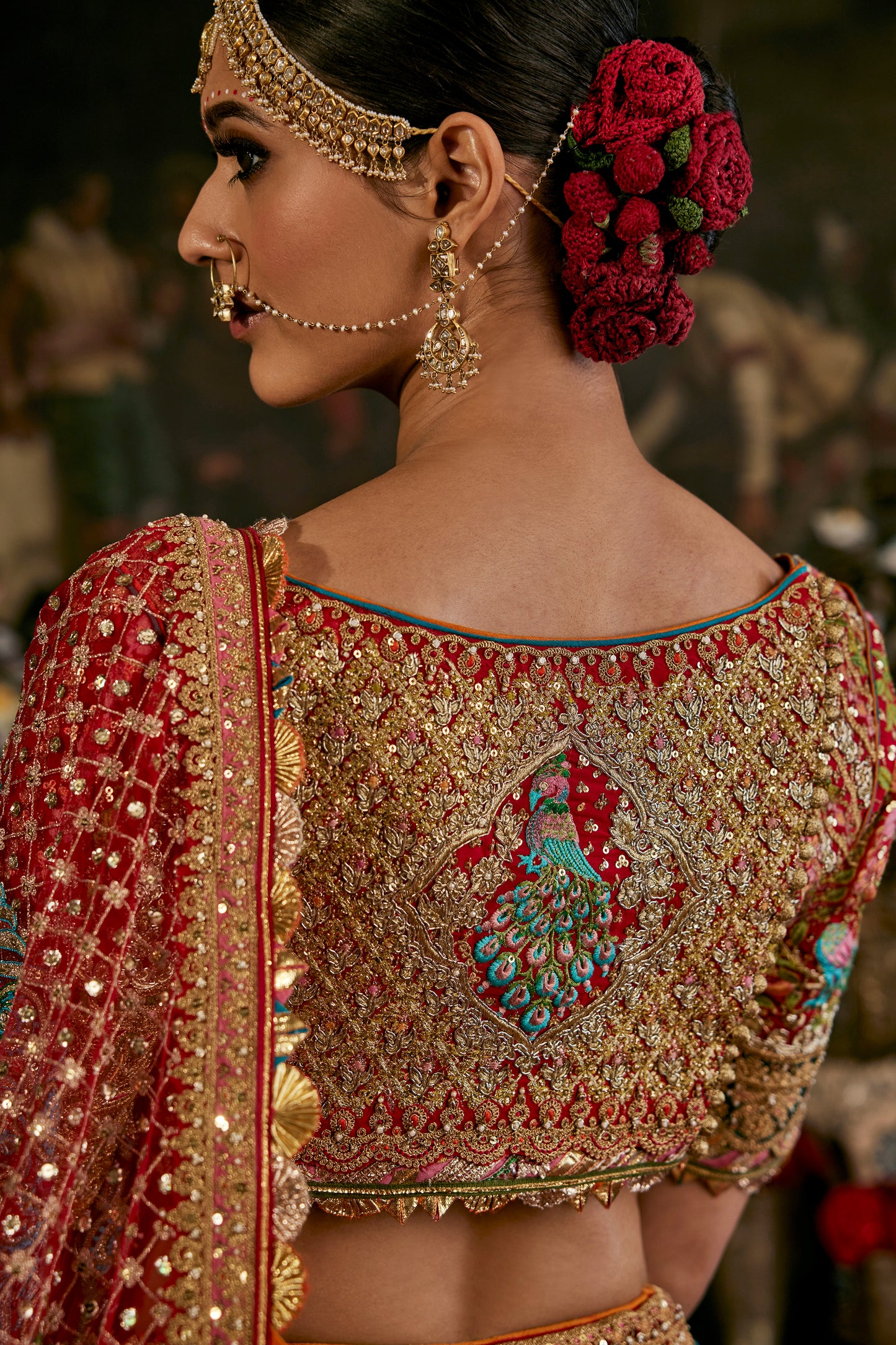 Red Ornate Gilted Frames Lehenga