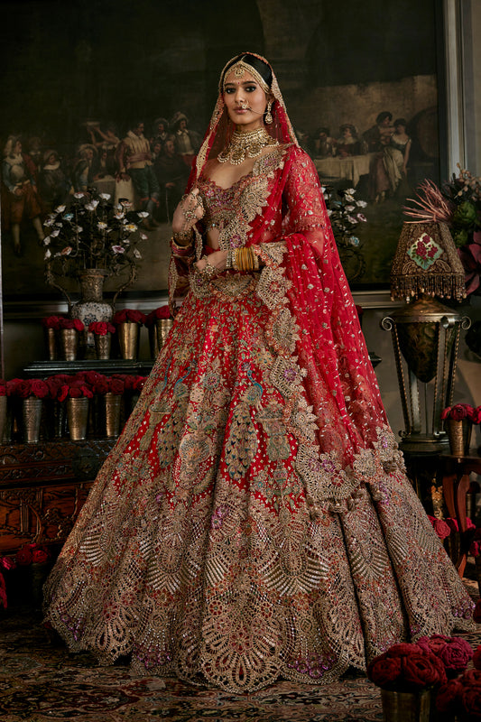 Red Tulle Cutwork Panel Lehenga