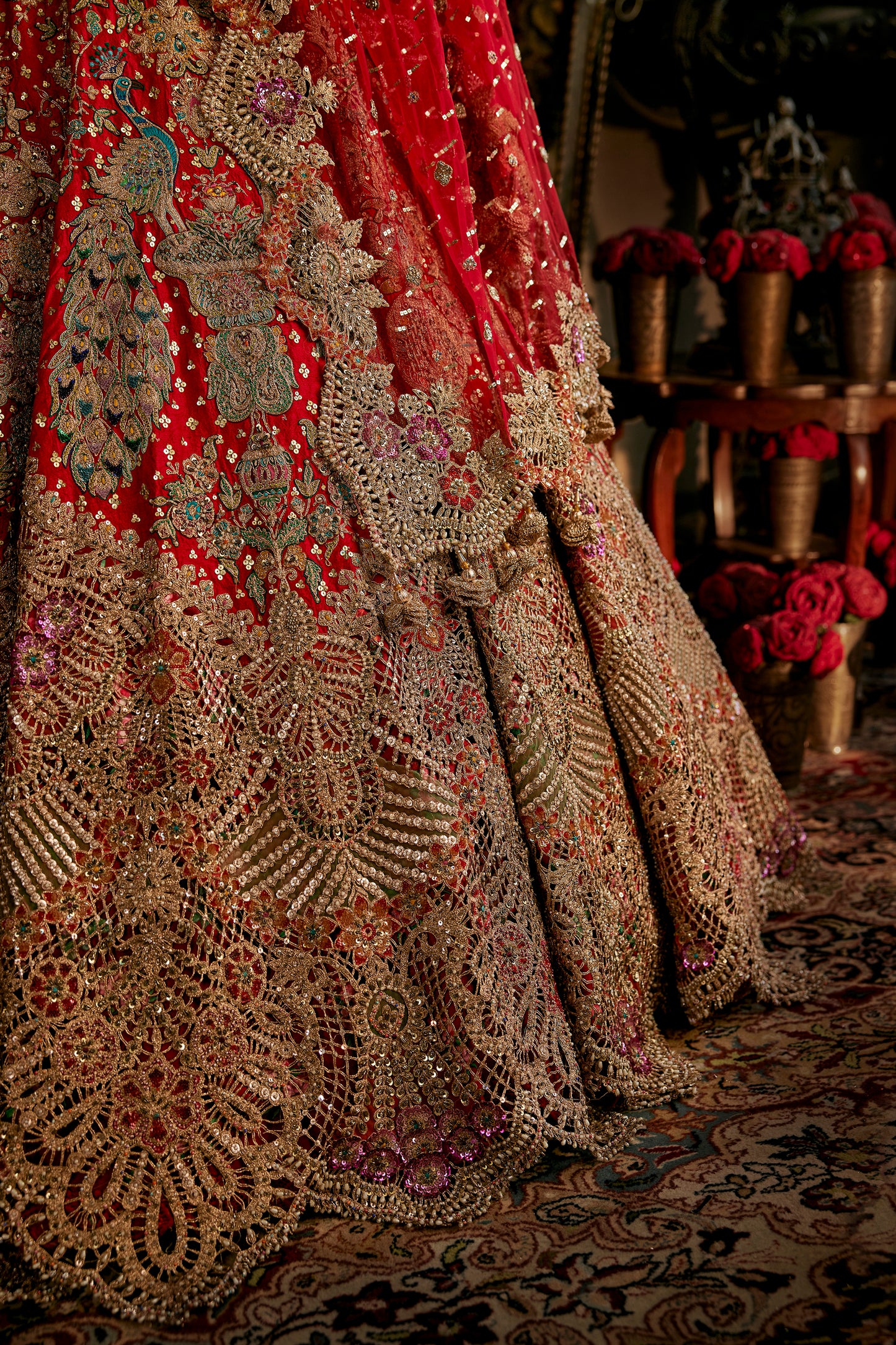 Red Tulle Cutwork Panel Lehenga