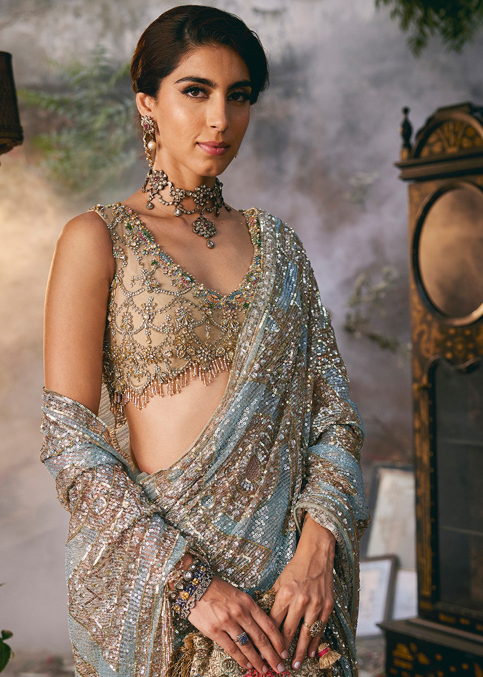 Delicate Pale Blue Tulle Sequin Saree