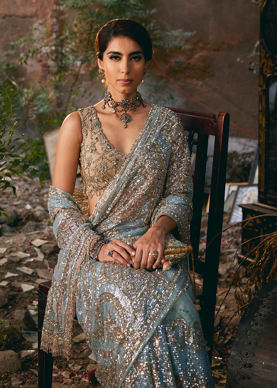 Delicate Pale Blue Tulle Sequin Saree