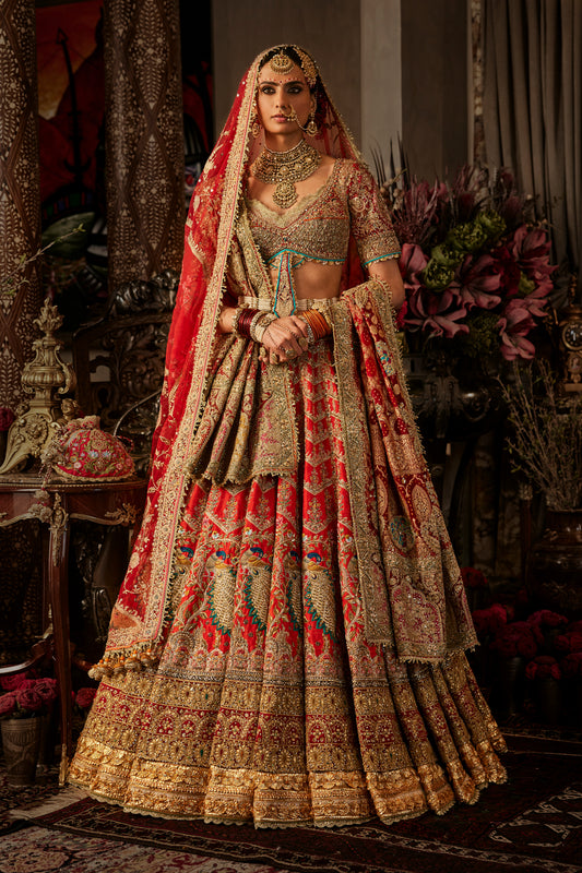 Red Archival Textile Fragment Lehenga