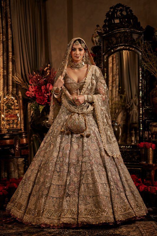 A Tulle Lehenga in Hues of Ash and Dove Grey.