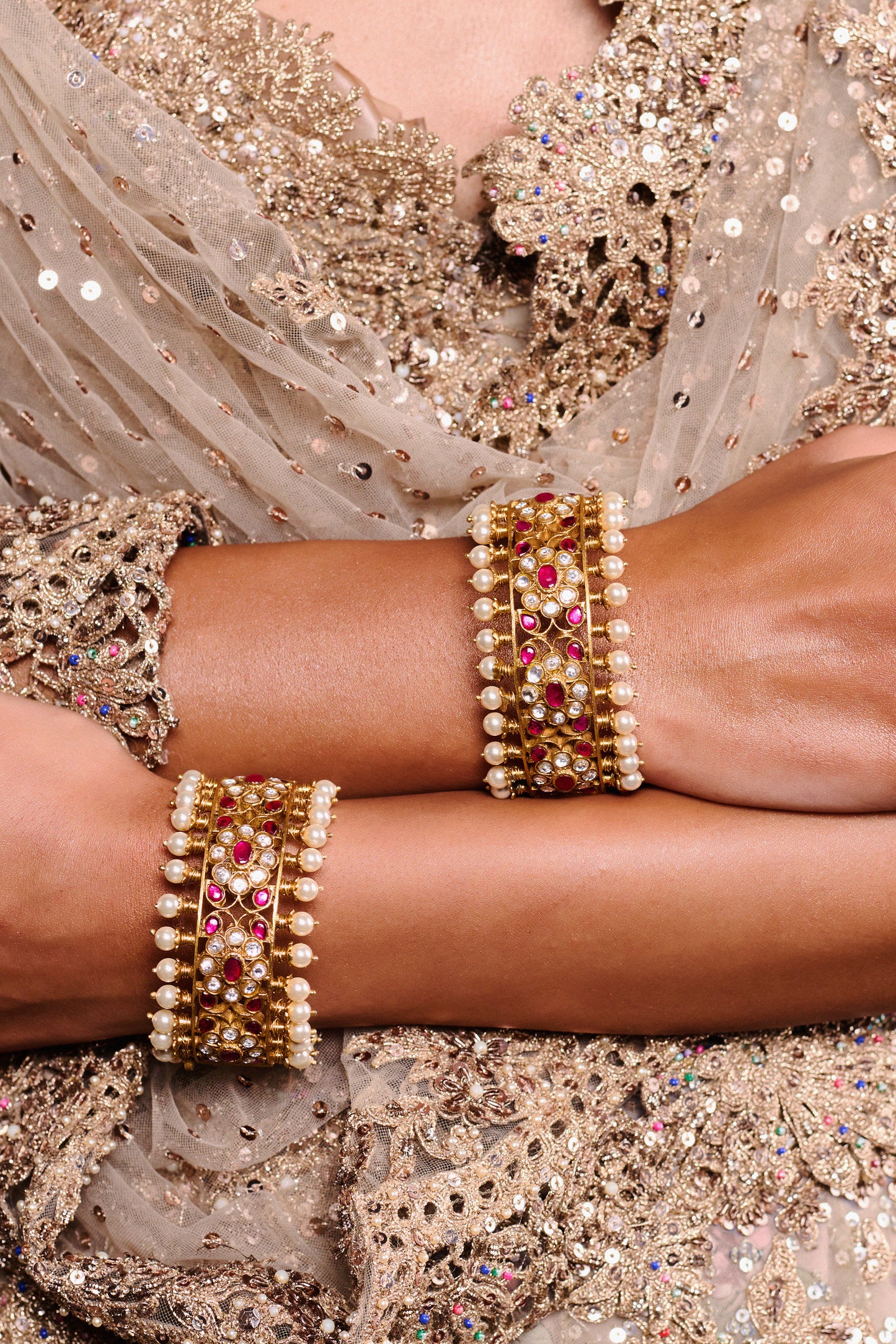 Floral Ruby Bangle with Pearl Details