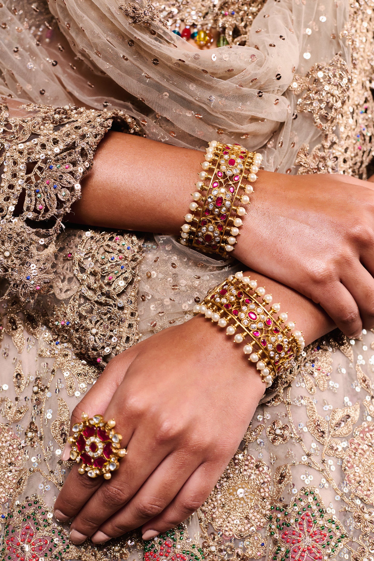 Floral Ruby Bangle with Pearl Details