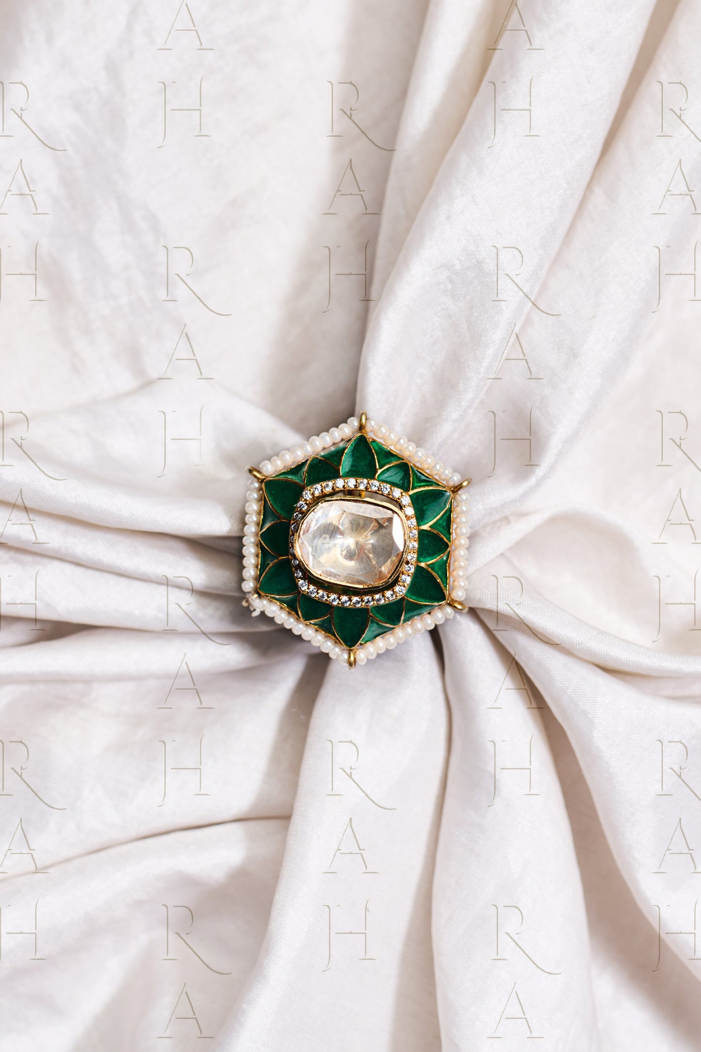 Emerald And Polki Ring With Pearl Embellishment