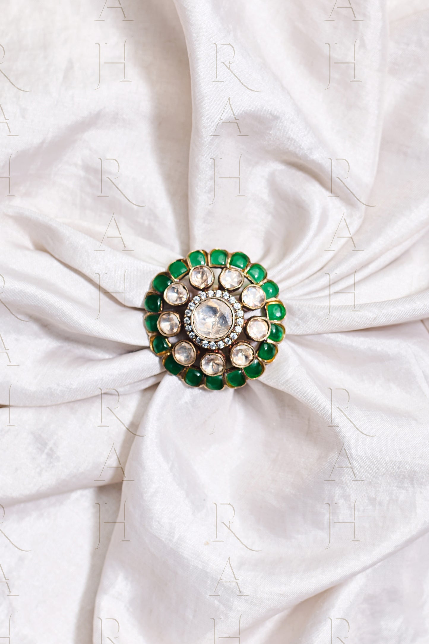 Polki Floral Ring With Emerald