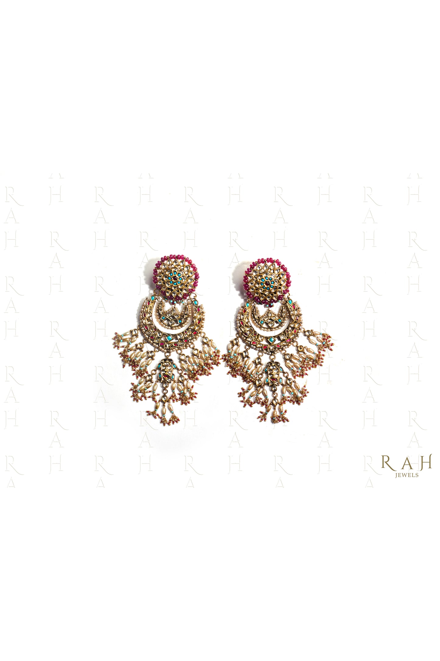 Red Stone Chand Jhumke With Jade Detail