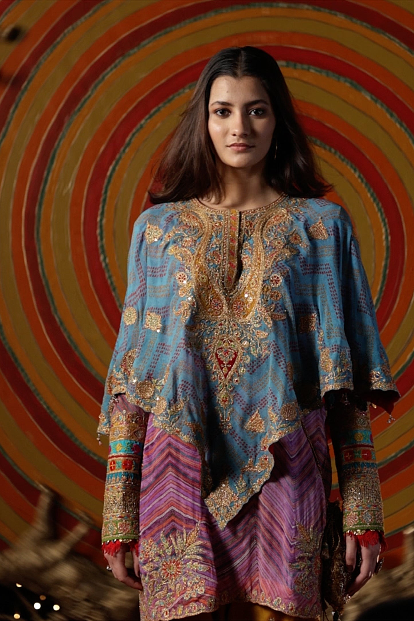 Turquoise & Lilac Bandhej Capelet-Kurti