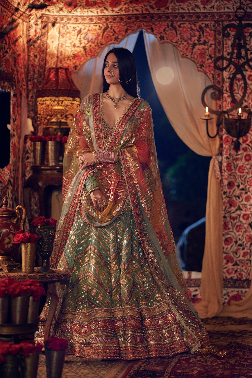 Buy Mustuard green and red Indian wedding Banarasi silk Lehenga in UK, USA  and Canada