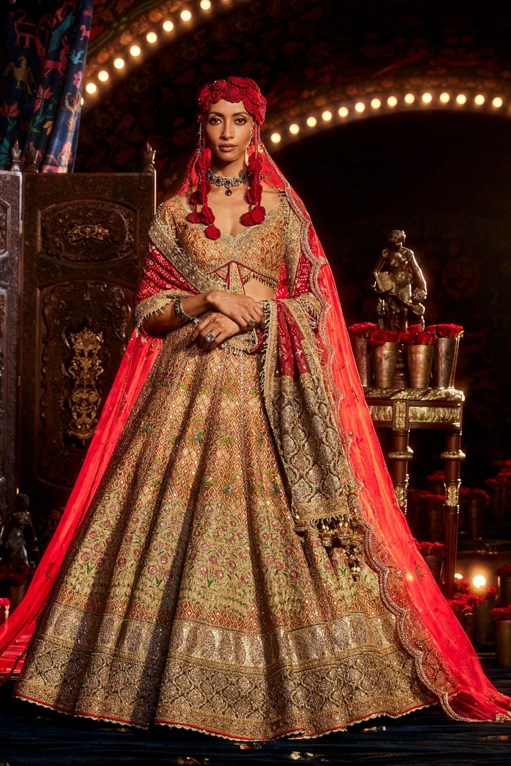 Earthly Russet Lehenga with Floral and Avian Artwork