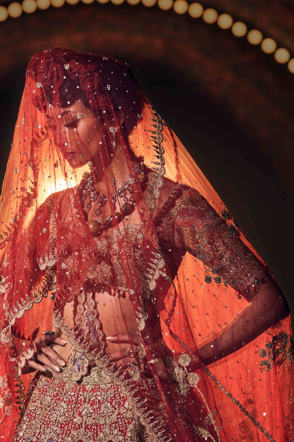 Deep Red Lehenga with Floral and Avian Motifs