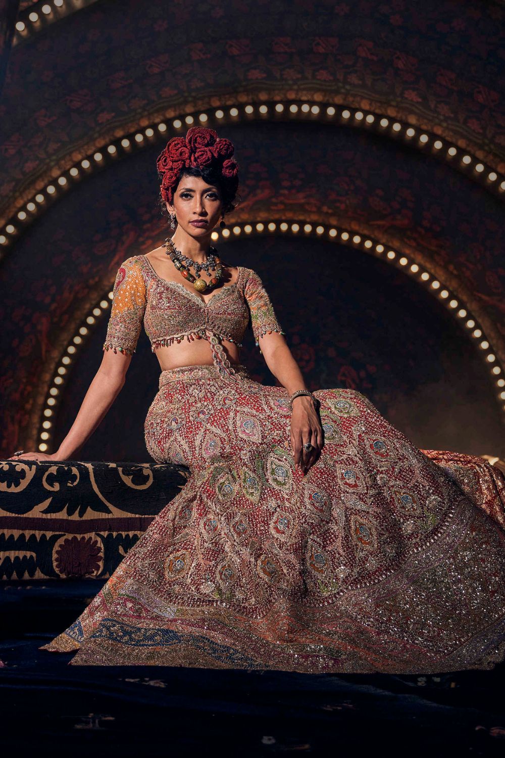 Deep Red Lehenga with Floral and Avian Motifs