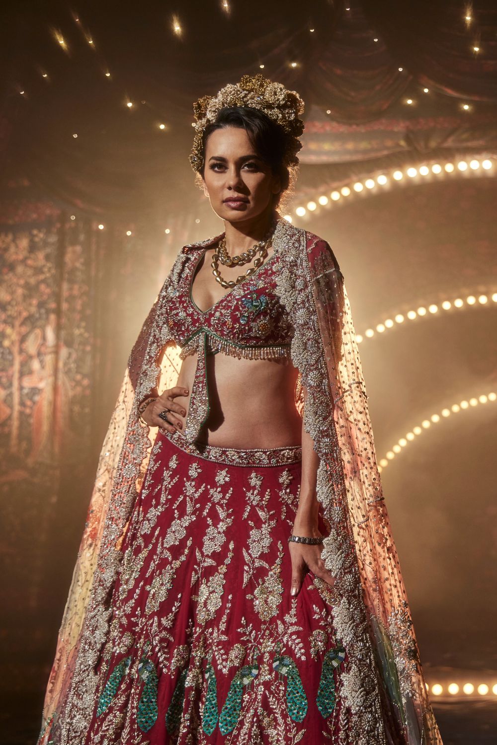 Pomegranate Lehenga with a Melange of Fauna Motifs