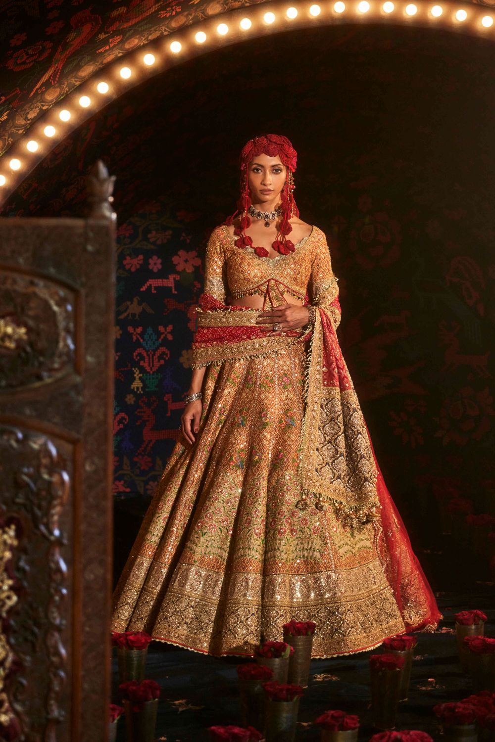 Earthly Russet Lehenga with Floral and Avian Artwork