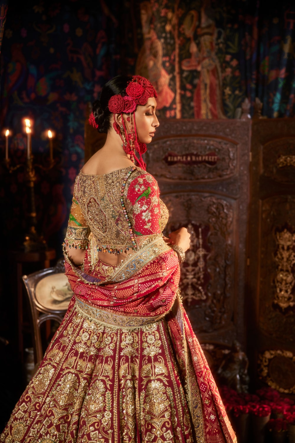 Pomegranate Lehenga  with Peacocks and Floral Bouquets