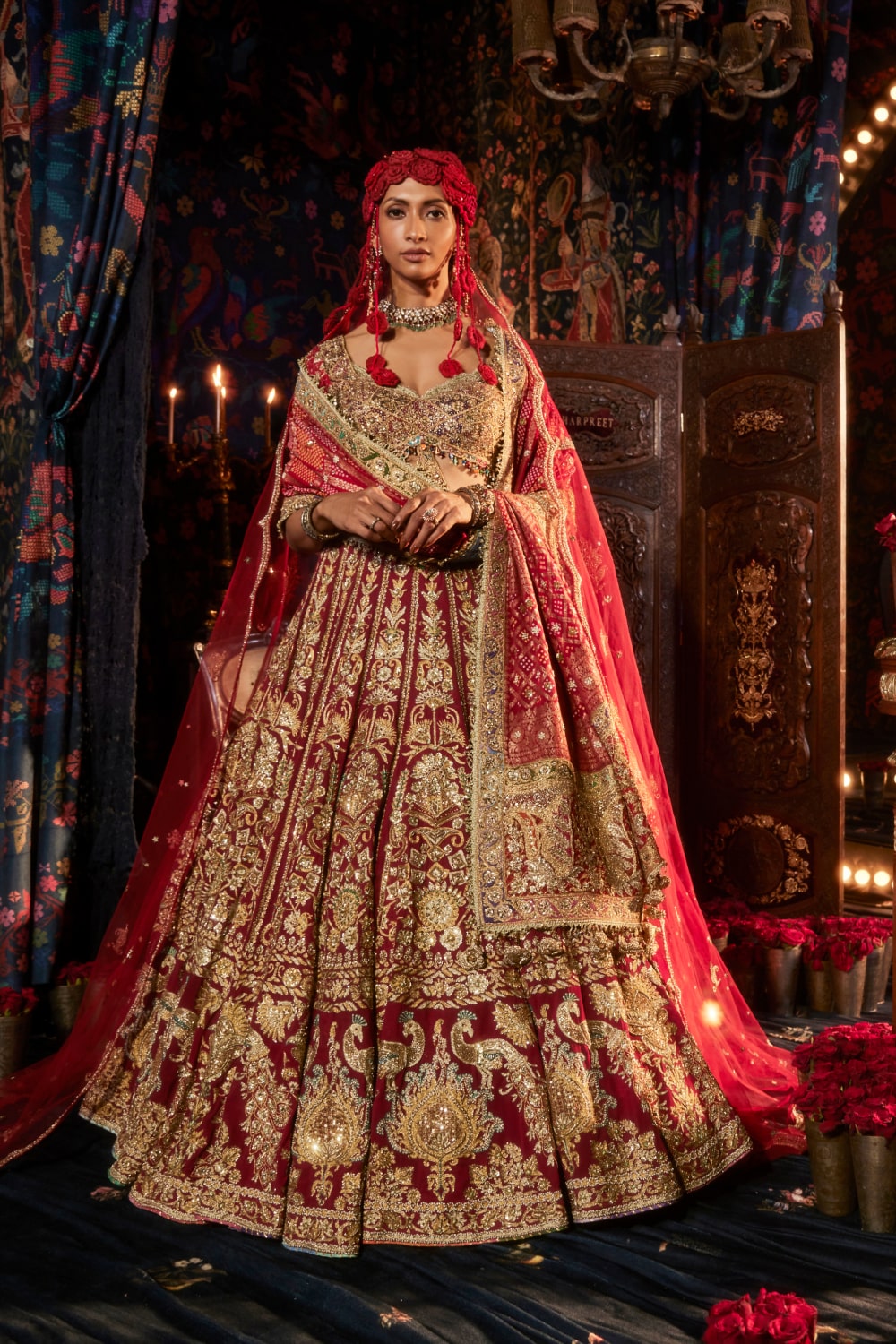 Pomegranate Lehenga  with Peacocks and Floral Bouquets