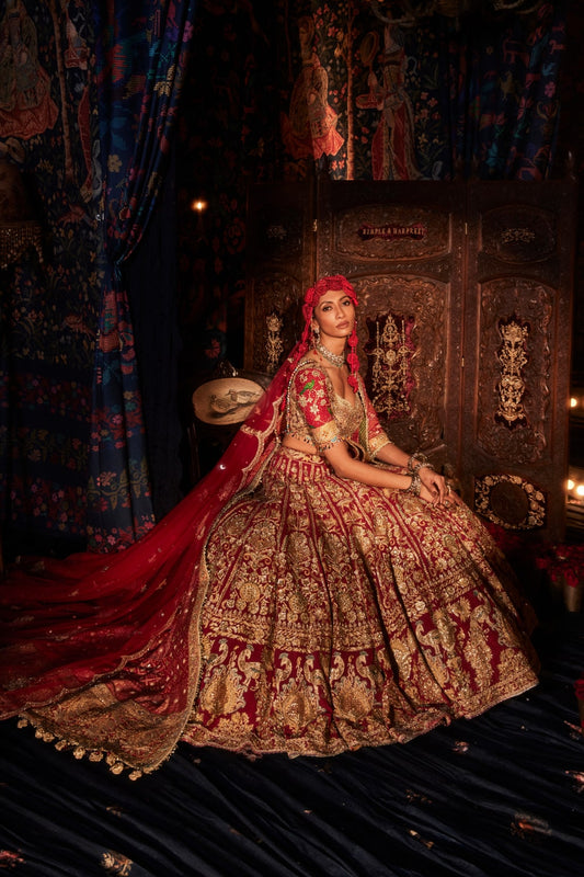 Pomegranate Lehenga  with Peacocks and Floral Bouquets