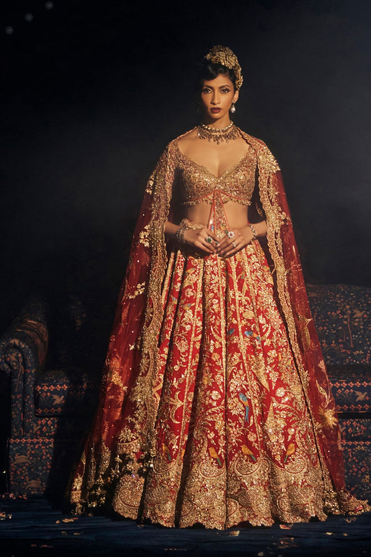 Deep Red Cornucopia Lehenga with Floral and Avian Artworks